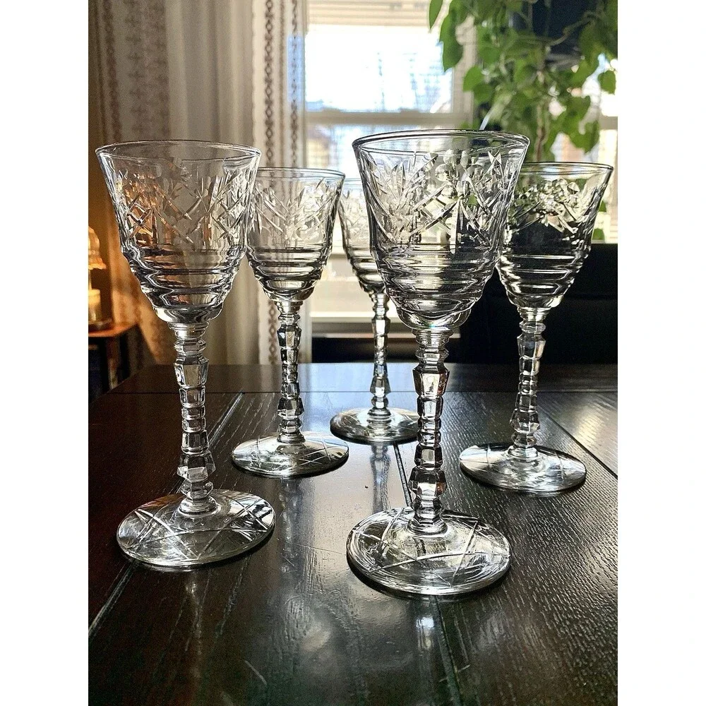 Vtg Libbey Rock Sharpe Artic Rose Crystal Water Goblets Set 5 Grandmillennial